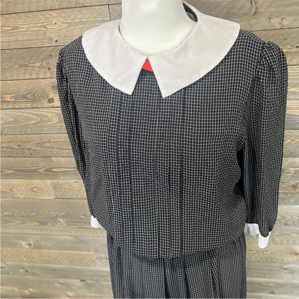 Vintage 80s Liz Roberts Peter Pan Collar Dress Size 16 Black White Belted - Picture 2 of 15